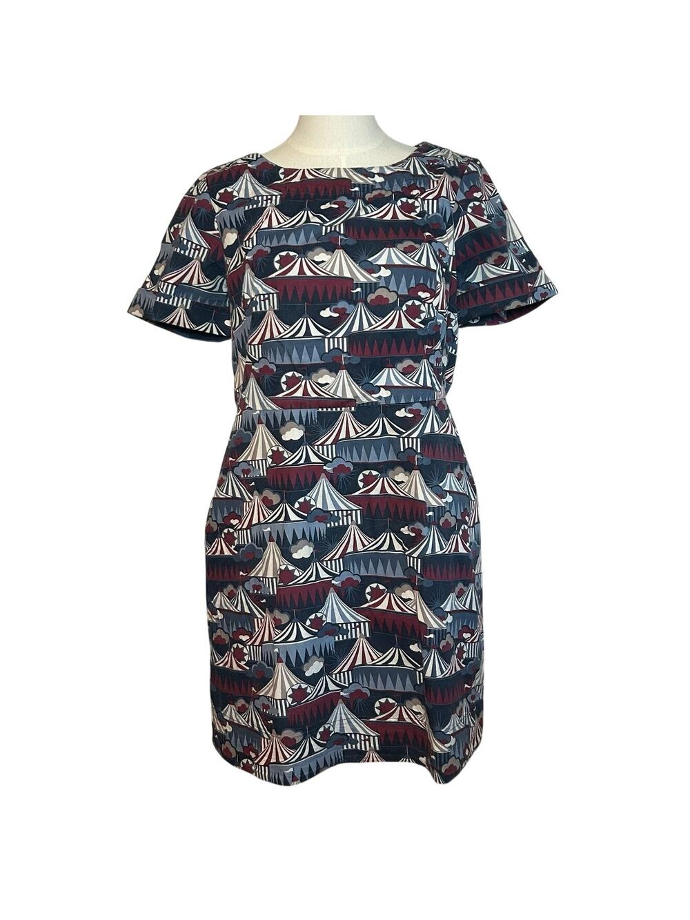Emily & Fin Circus Tent Print Dress Blue Red M Retro Twee Indie Coquette Wiggle